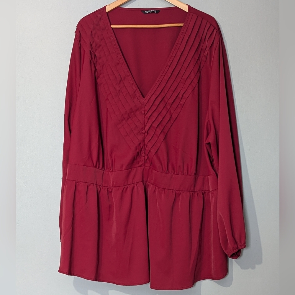 BloomChic V-neck Women's Pleated Tunic Blouse Burgundy Balloon Longโ Sleeves